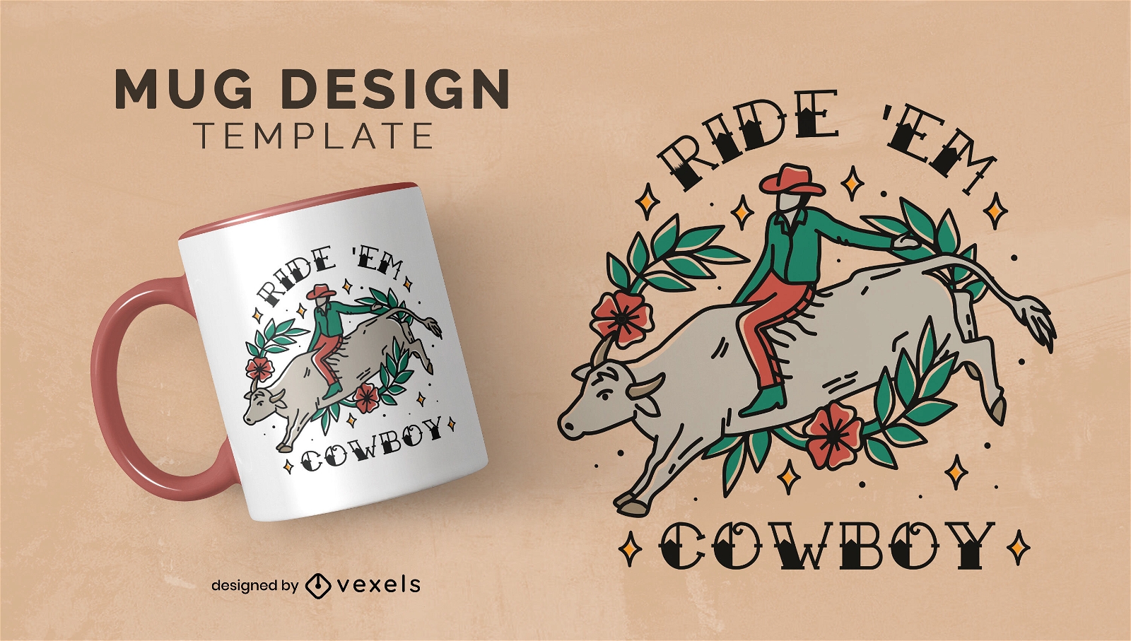 Cowboy riding bull animal mug design
