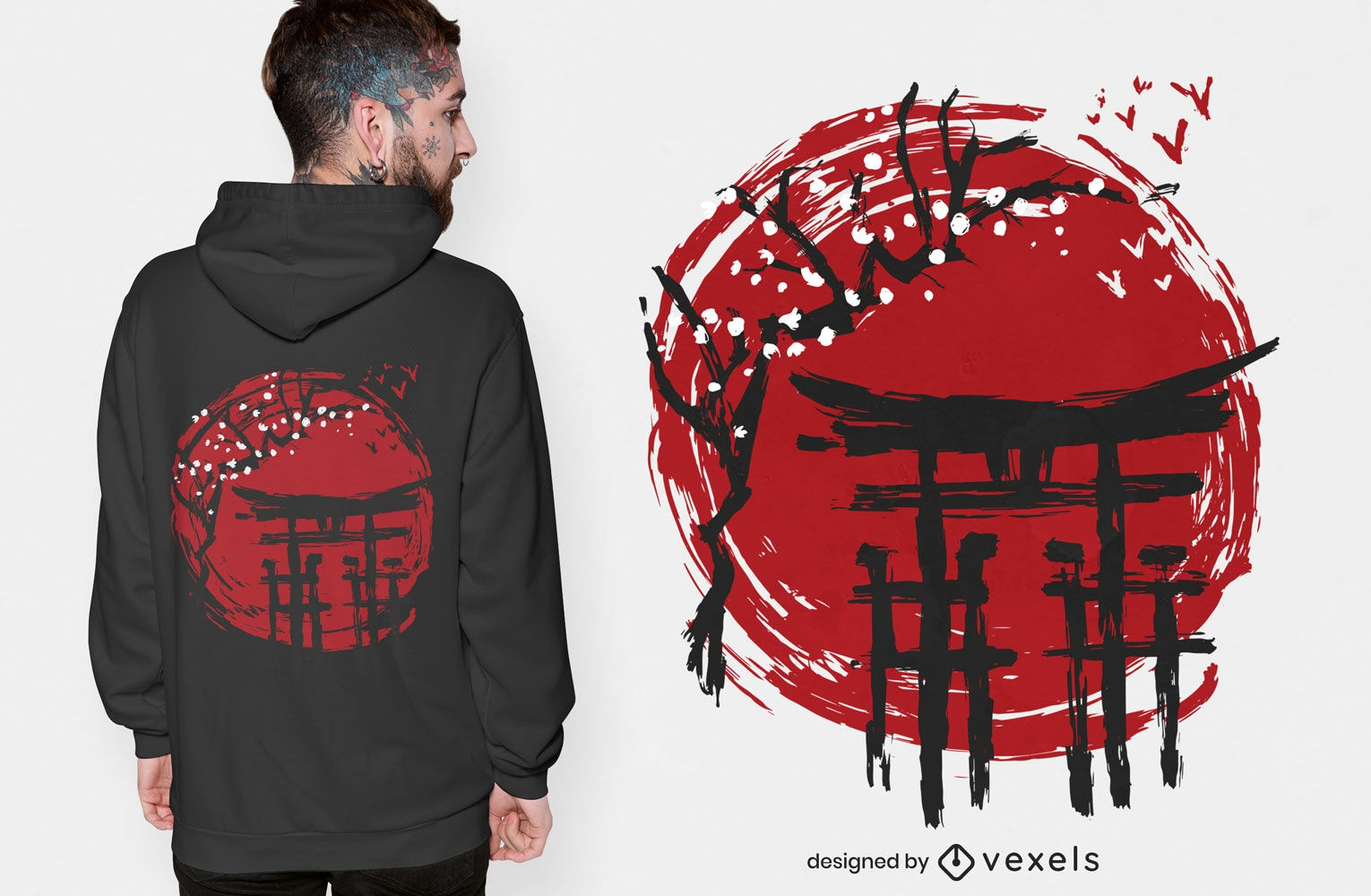 Design de camiseta da árvore sakura do templo japonês