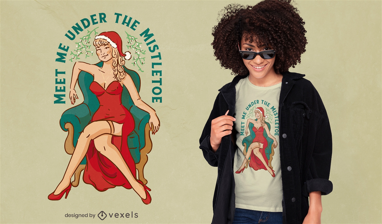 Woman in dress and christmas hat t-shirt design