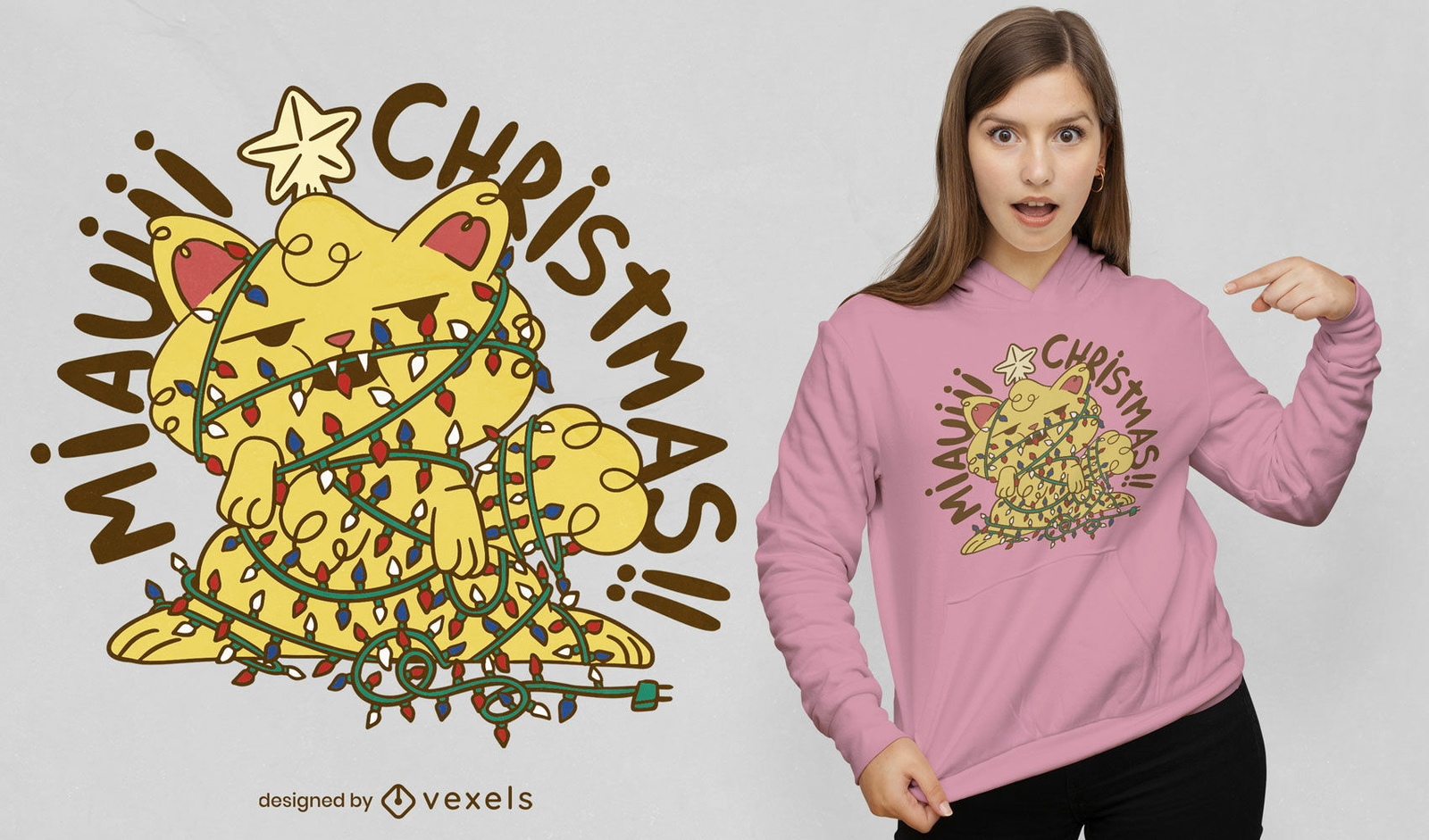 Cat in christmas tree lights t-shirt design