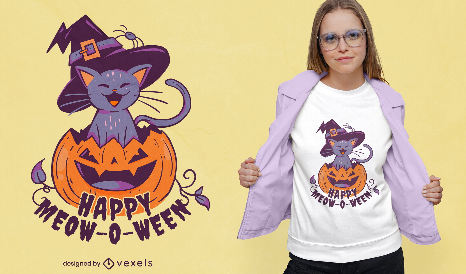 Gato fofo com design de t-shirt de halloween de abóbora