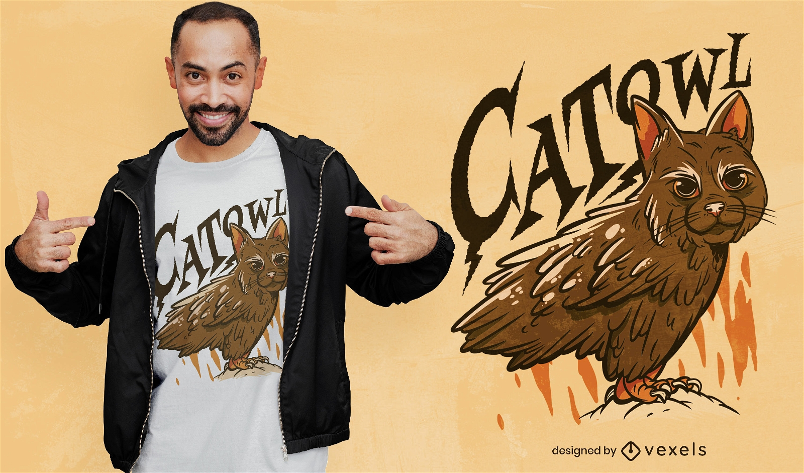 Excelente design de t-shirt gato-coruja