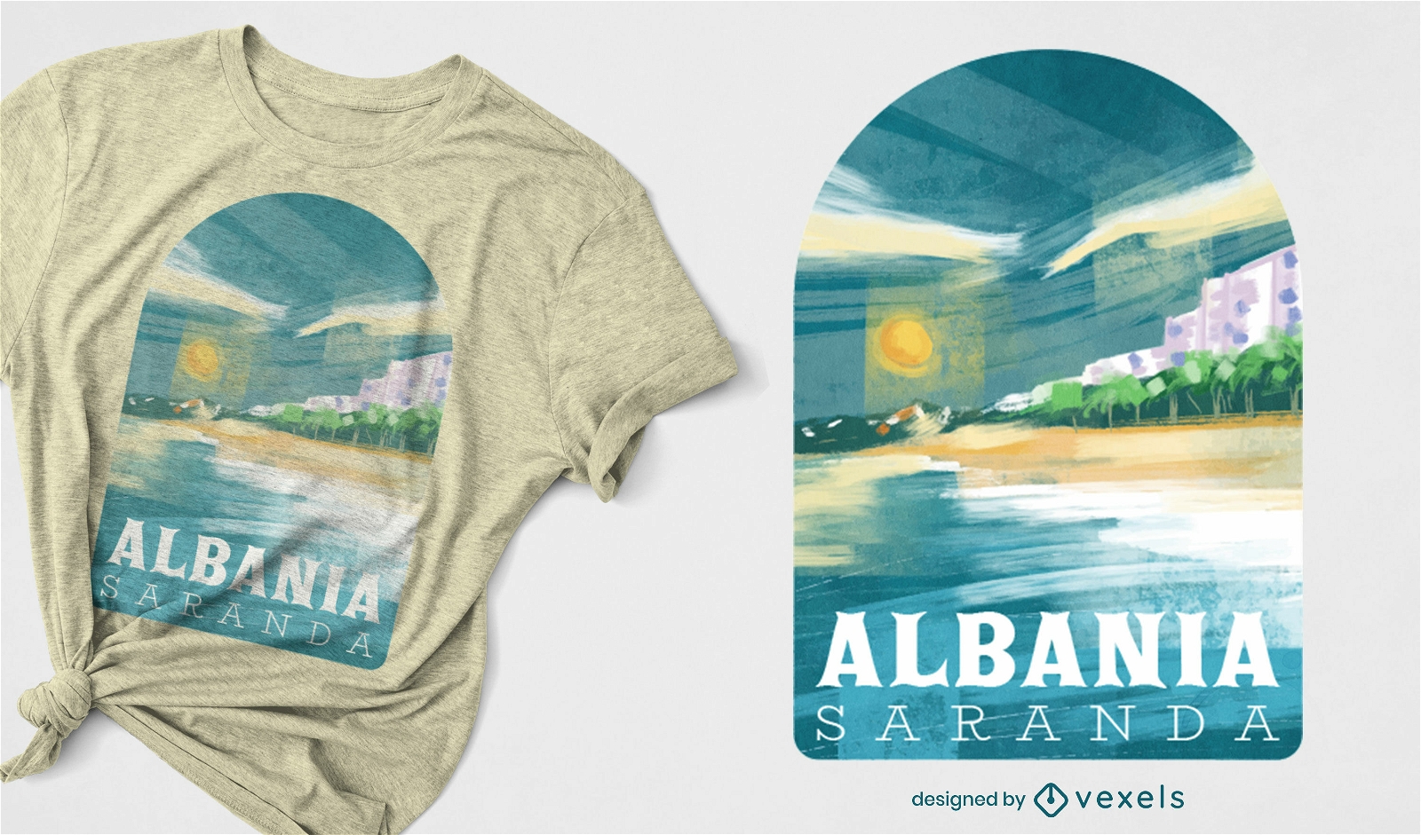 Design de t-shirt com paisagem de praia na Albânia