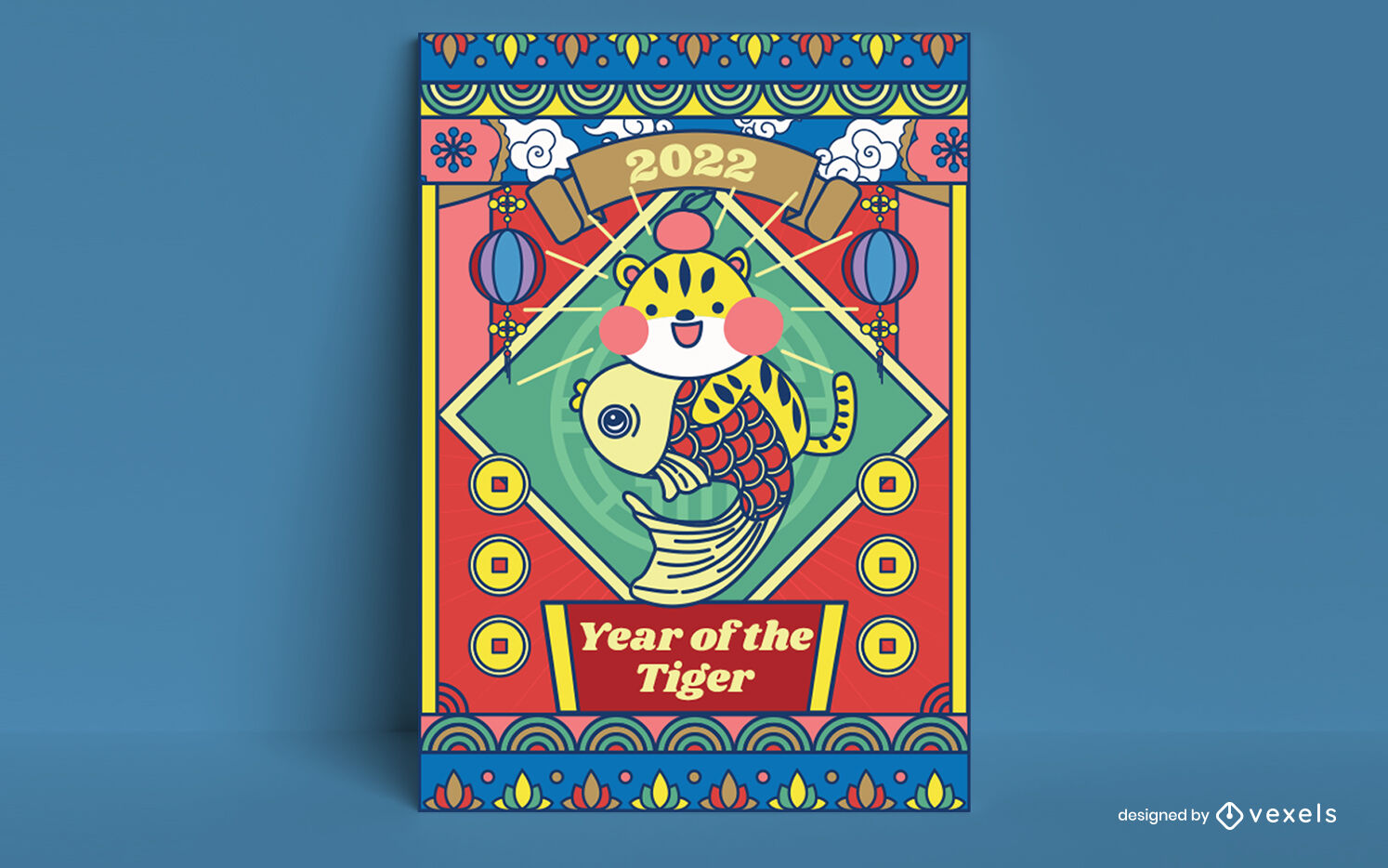 Plantilla de póster de dibujos animados del año chino del tigre