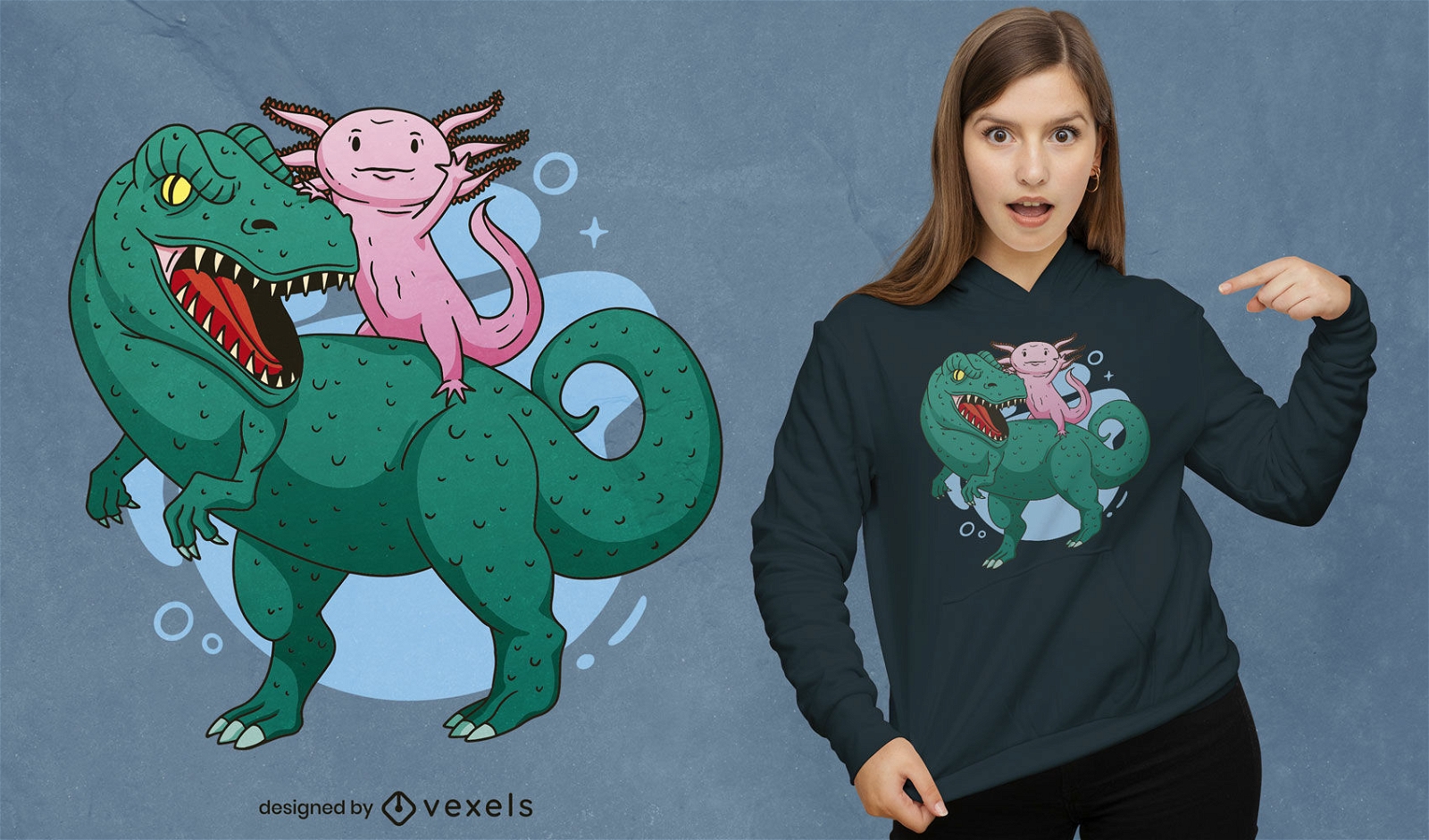 Design bacana de camisetas axolotl e t-rex