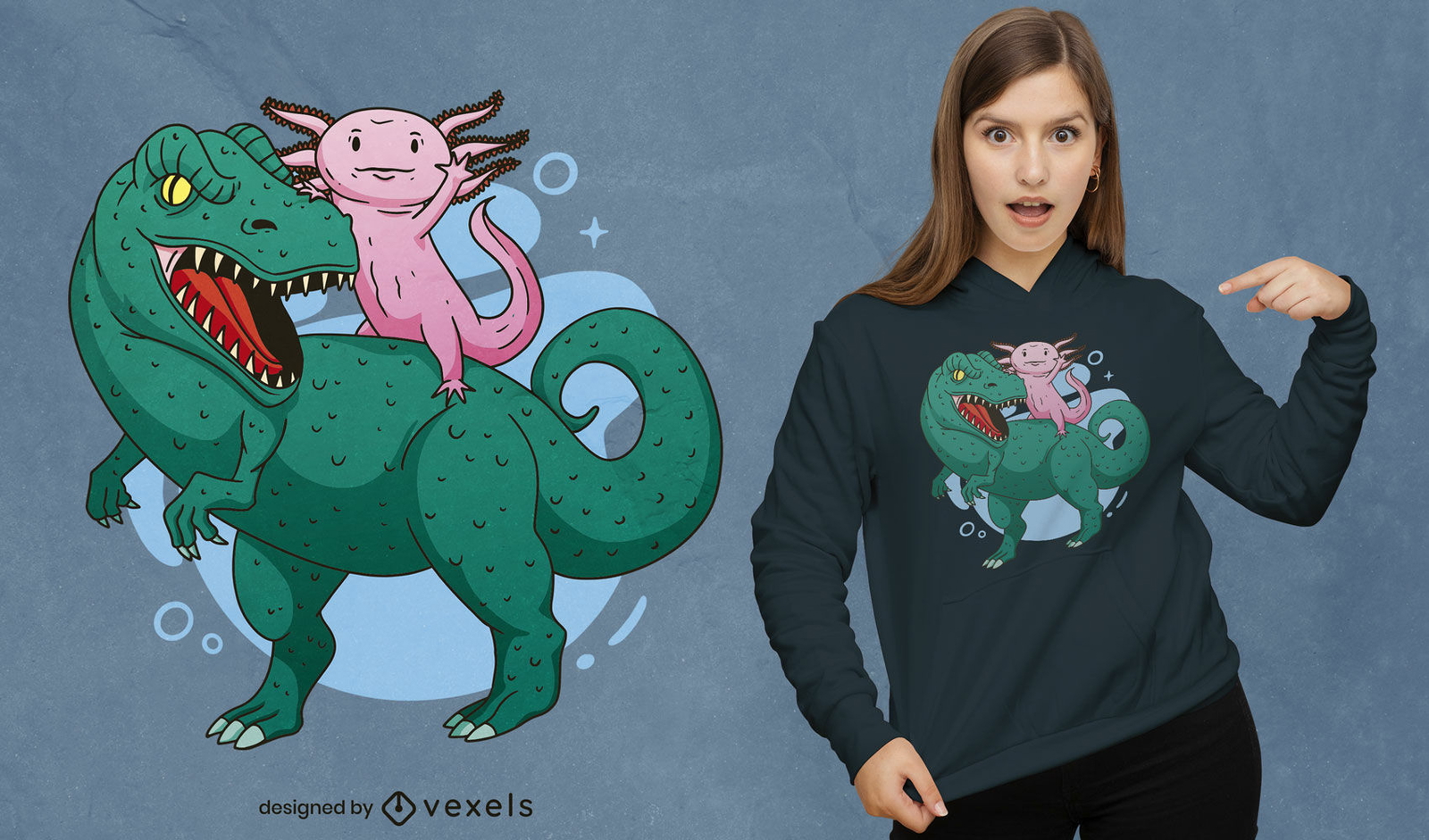 Genial diseño de camiseta de axolotl y t-rex