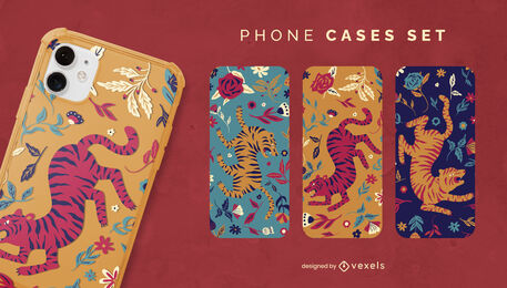 Conjunto de capa de telefone animal tigres floral