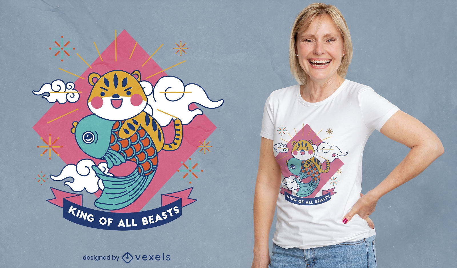 Tigre fofo com design de camiseta de peixe
