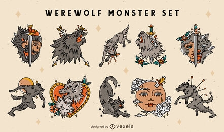 Werewolf monster character tattoo set