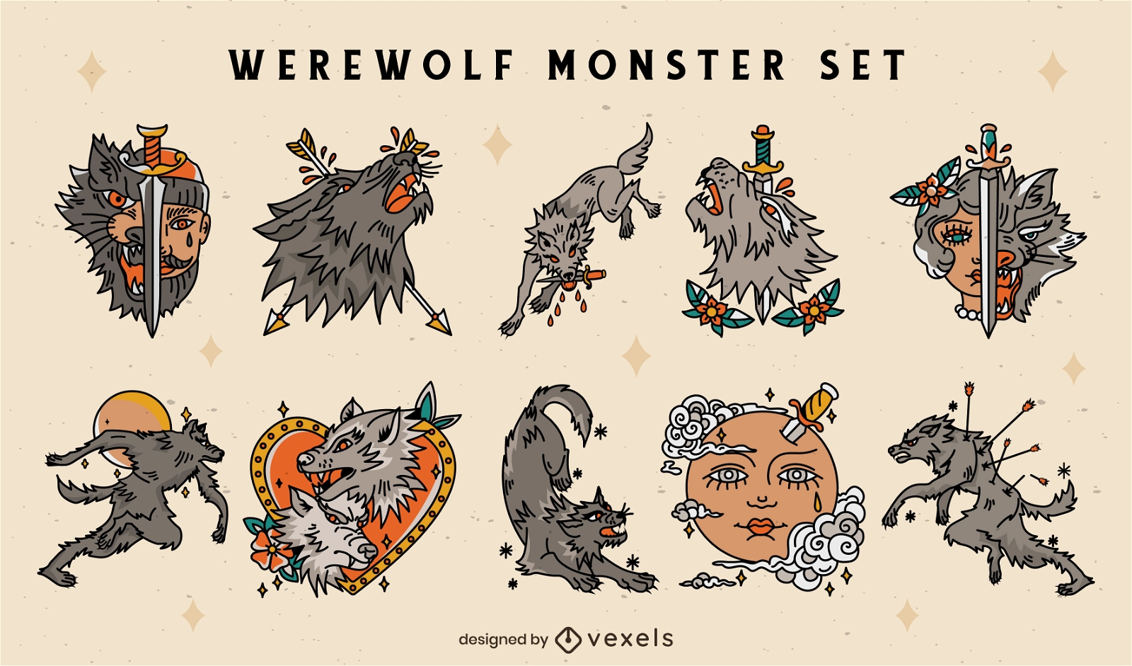 Werwolf Monster Charakter Tattoo Set