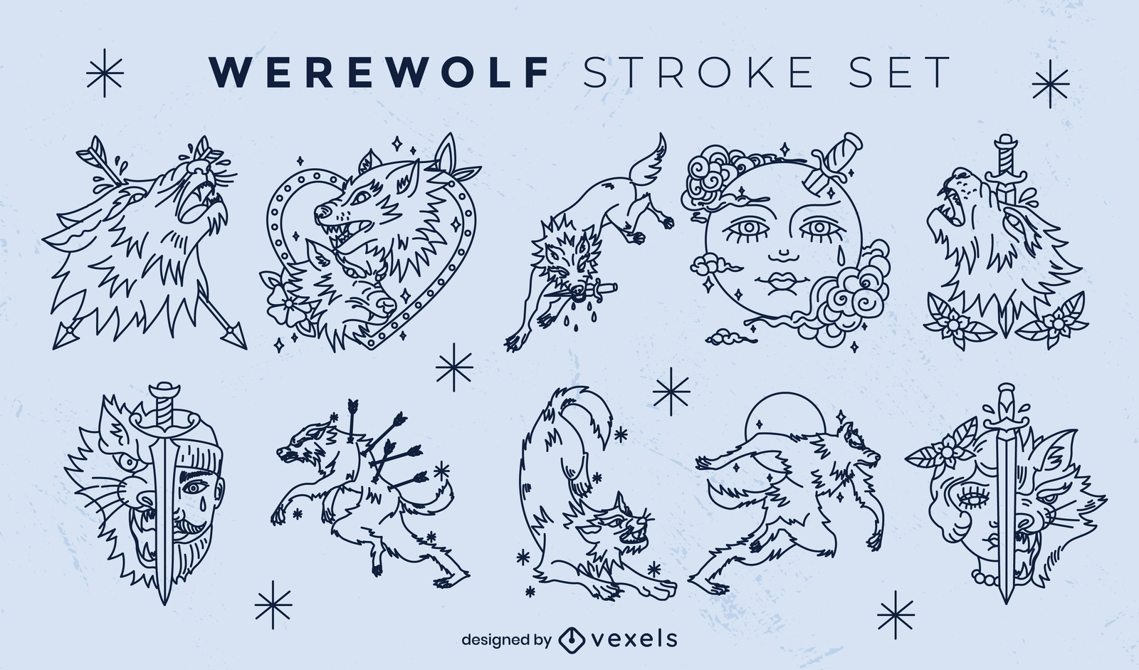 Werewolf creature character stroke set