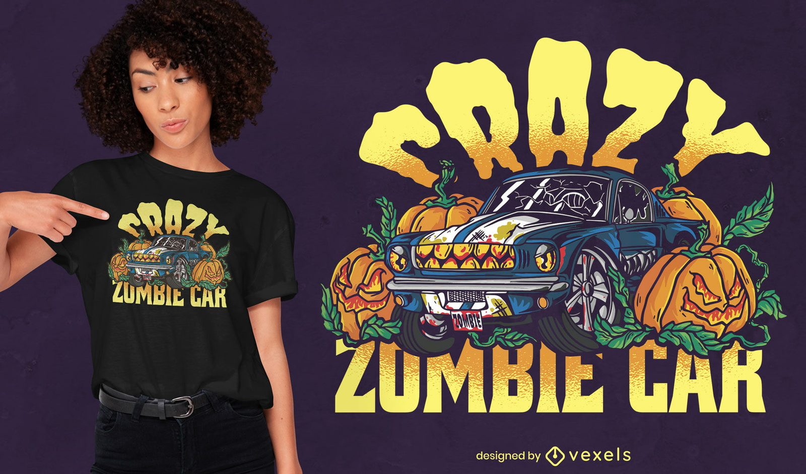 Diseño de camiseta de coche zombie loco espeluznante