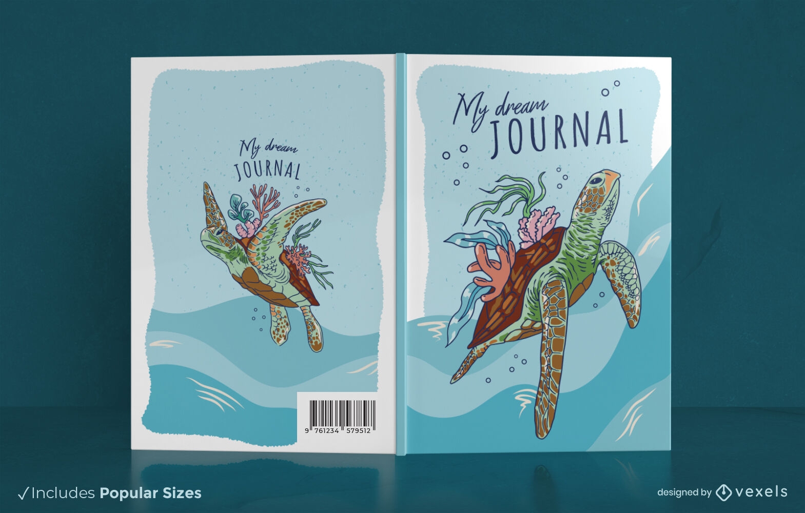 Design da capa do diário dos sonhos de tartaruga nadando