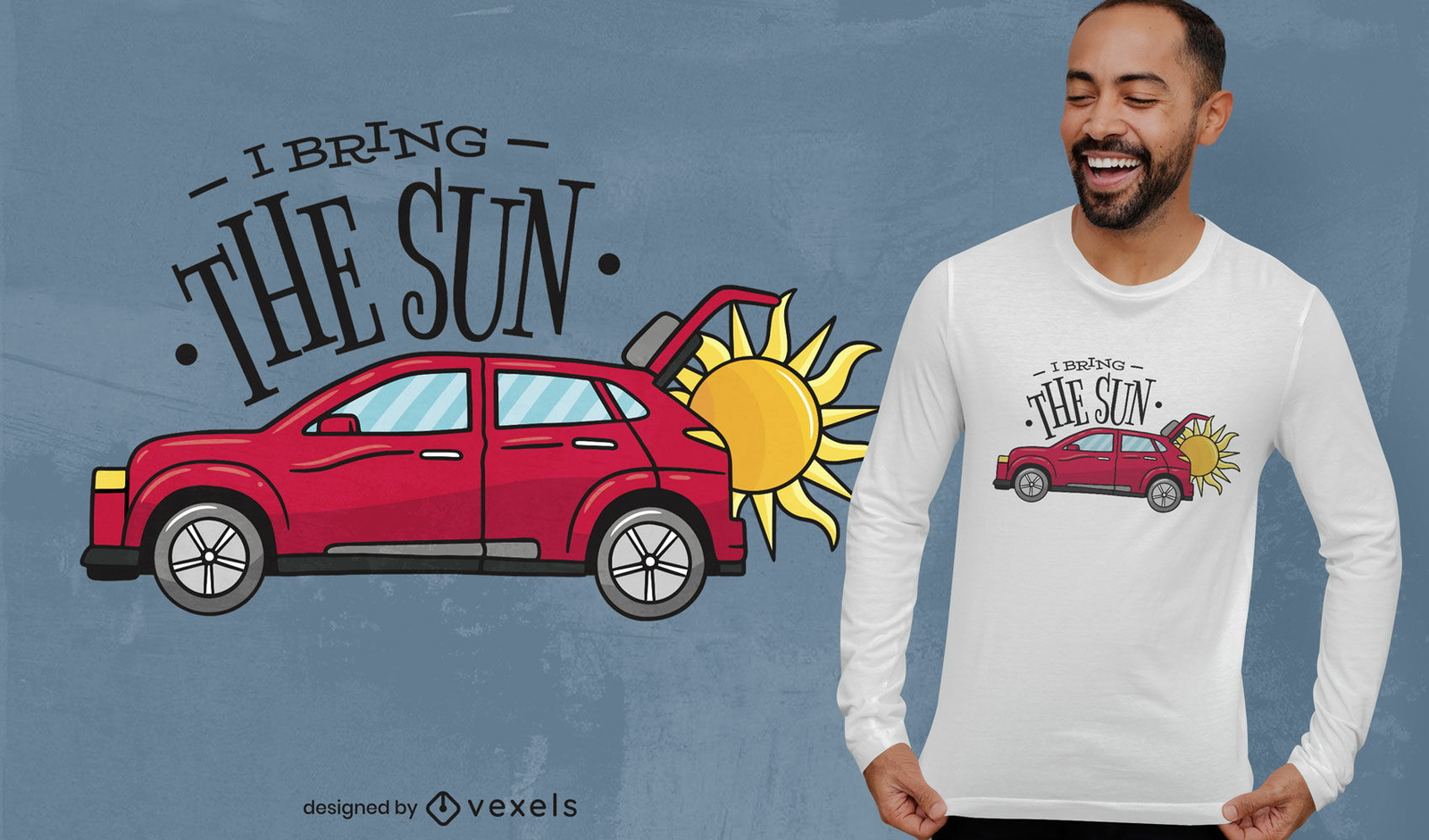 Diseño de camiseta de sol en un coche.