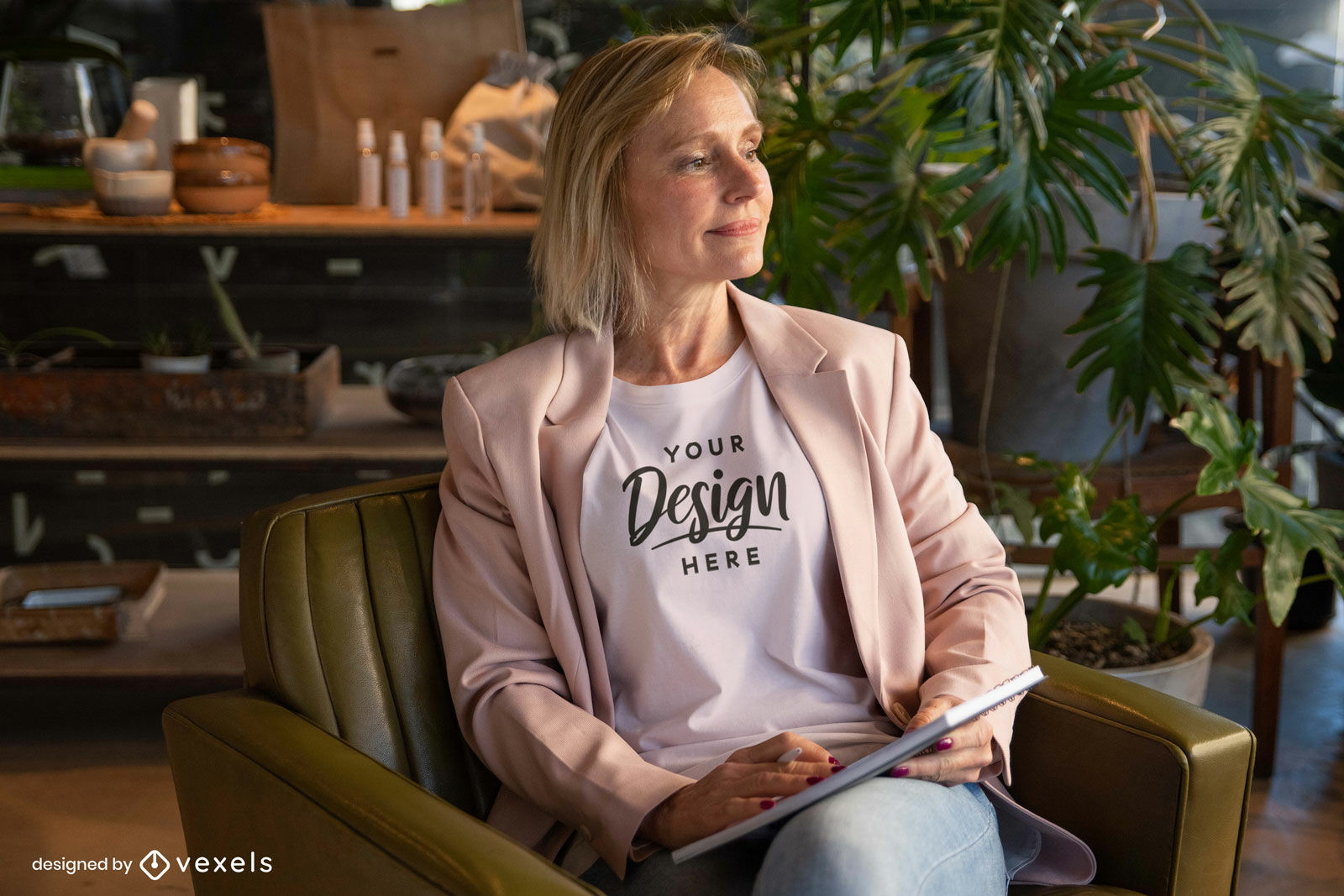 Woman white t-shirt mockup in room with plants