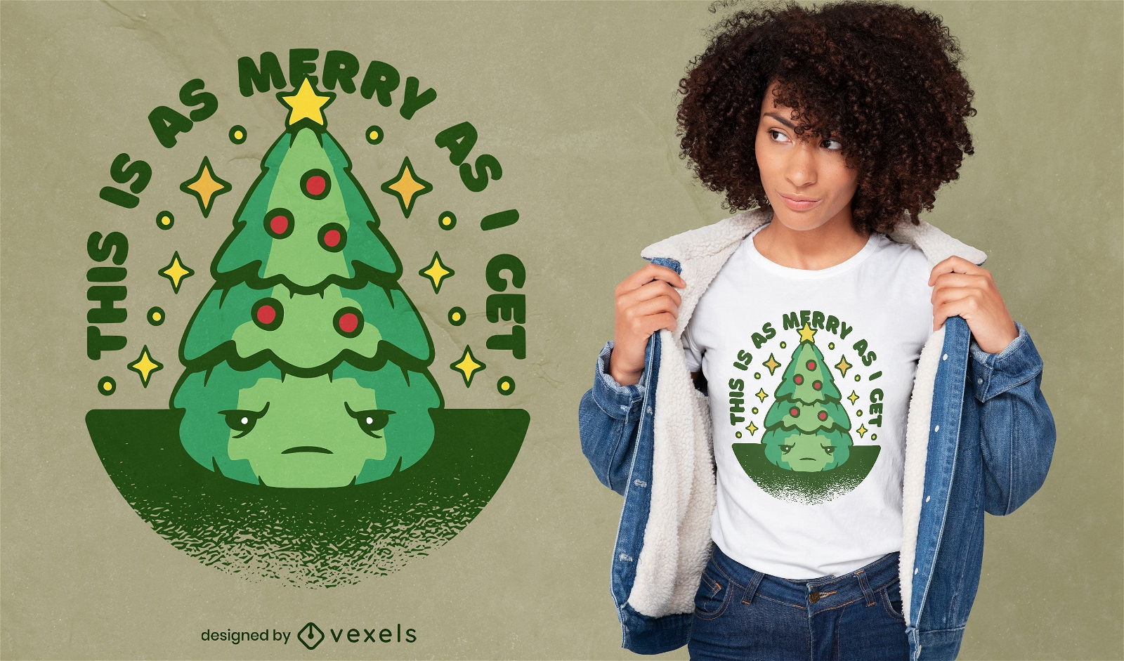 Desenho de camiseta triste com árvore de natal