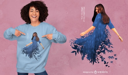 Mujer en vestido de hojas azules diseño de camiseta psd