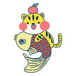 Cute Tiger with Koi Fish PNG Design