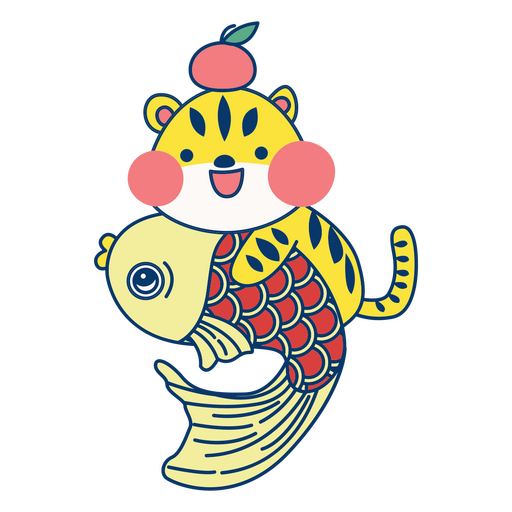 Cute Tiger with Koi Fish PNG Design