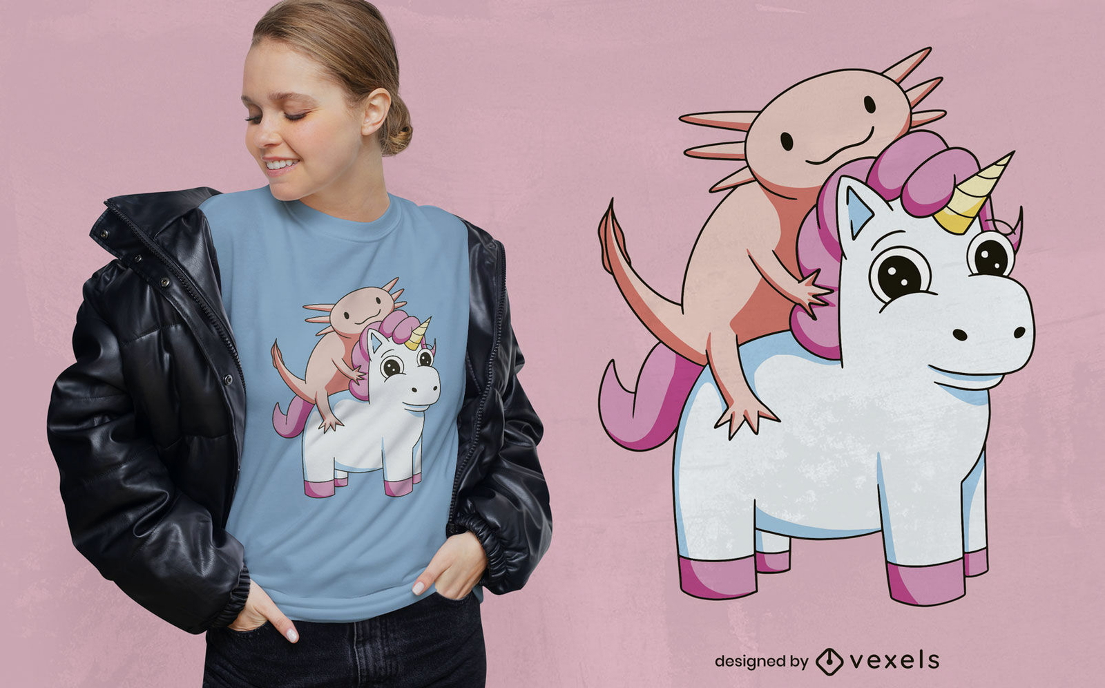 Diseño de camiseta de amigos de axolotl y unicornio.