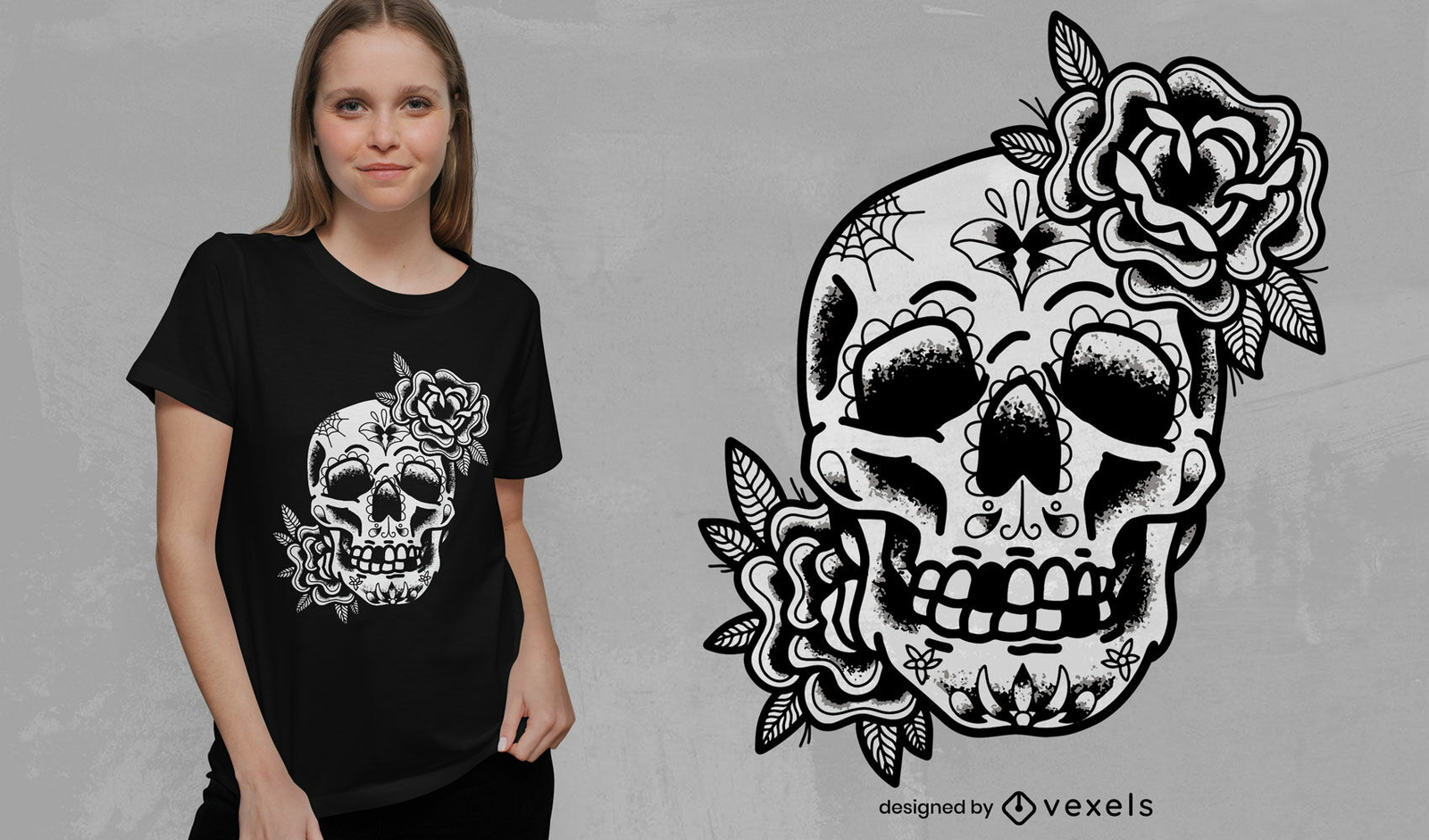 Diseño de camiseta de tatuaje tradicional de calavera de azúcar