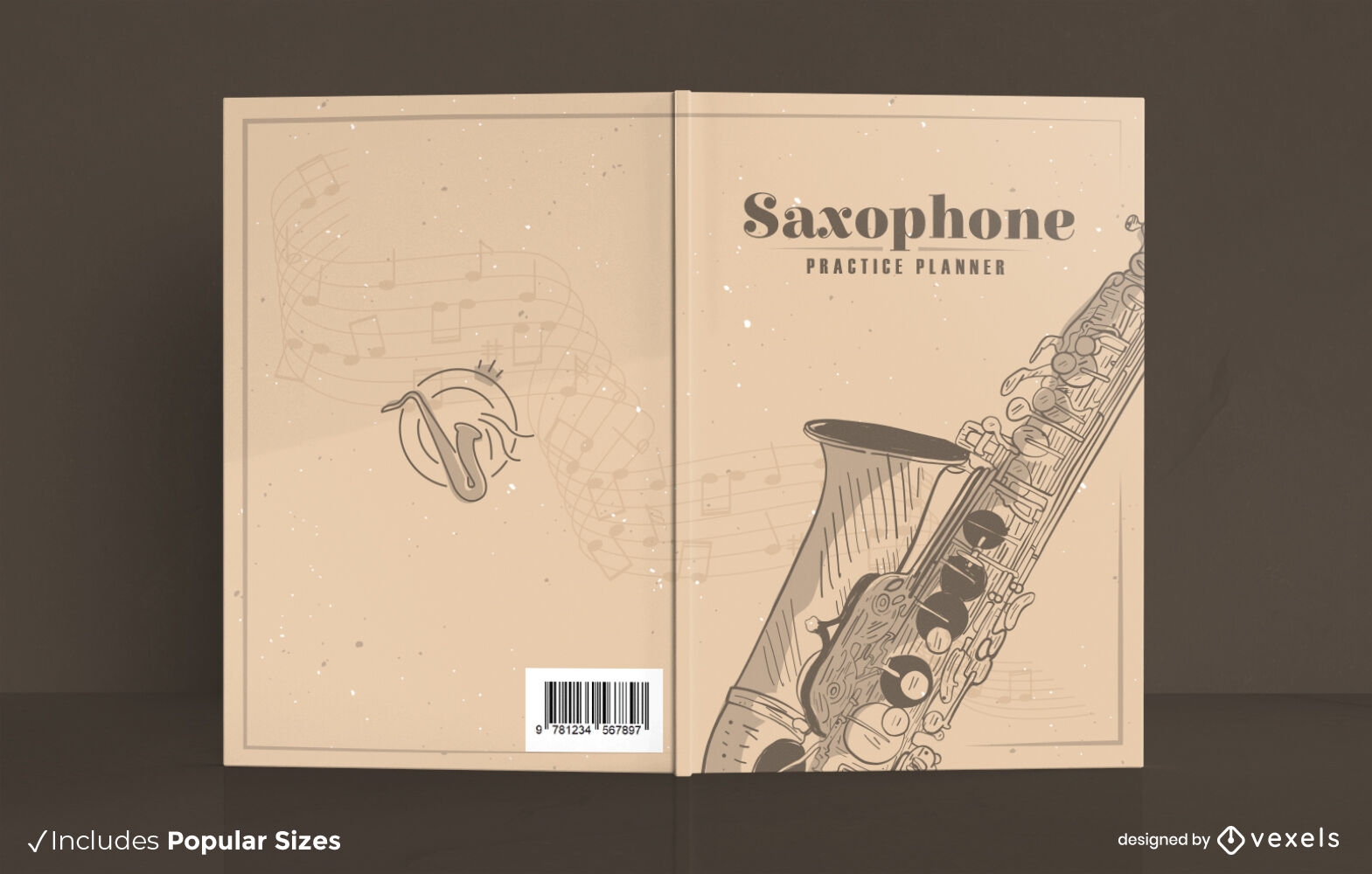 Diseño de portada de libro de instrumento de música de saxofón