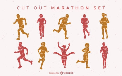Marathon running people sport cut out set