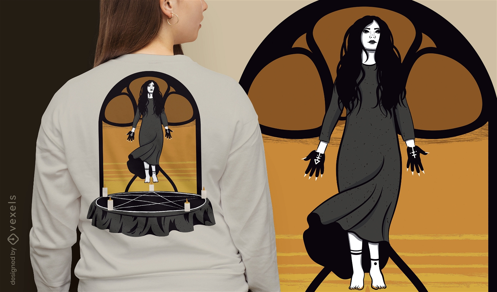 Malvada hechicera con un diseño de camiseta de pentagrama