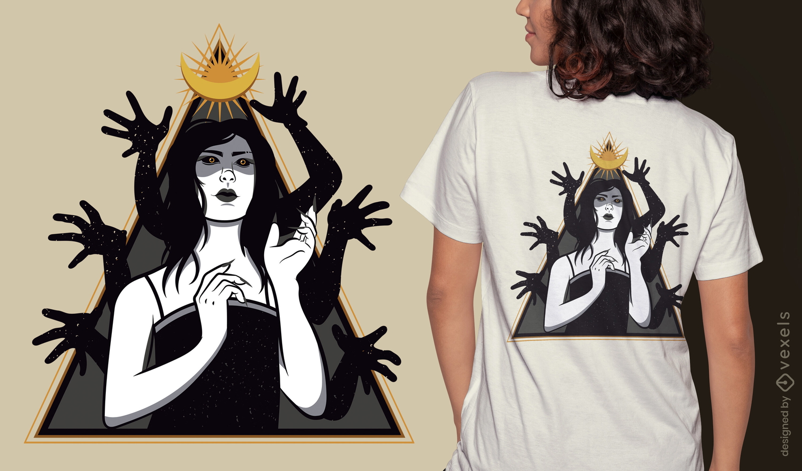 Feiticeira negra com design de t-shirt com mãos assustadoras