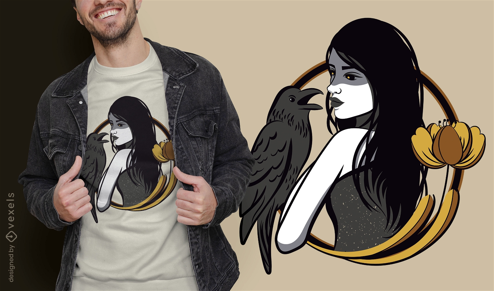 Beautiful sorceress with crow t-shirt design