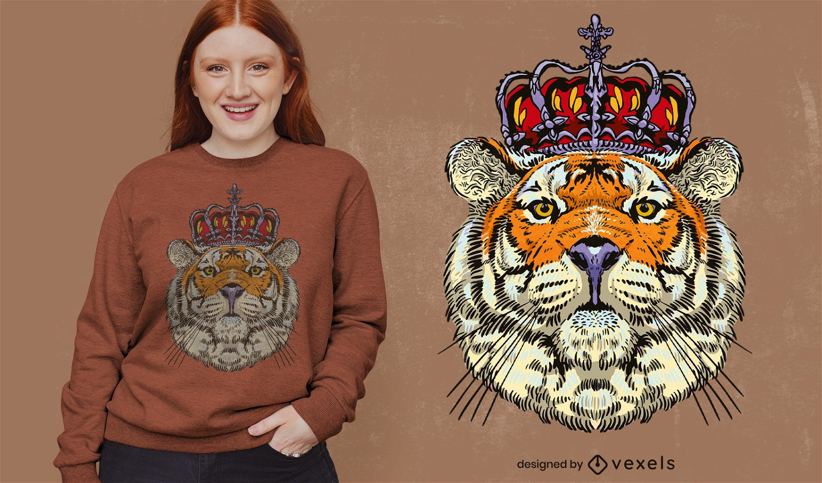 Animal tigre rei com design de t-shirt em forma de coroa