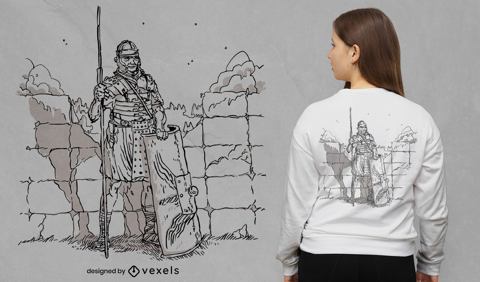 Diseño de camiseta dibujada a mano de soldado romano.