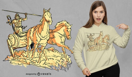 Guerrero romano en diseño de camiseta de carro de caballo.