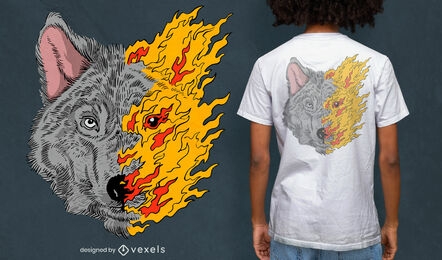 Desenho de t-shirt com metade do rosto de lobo em chamas