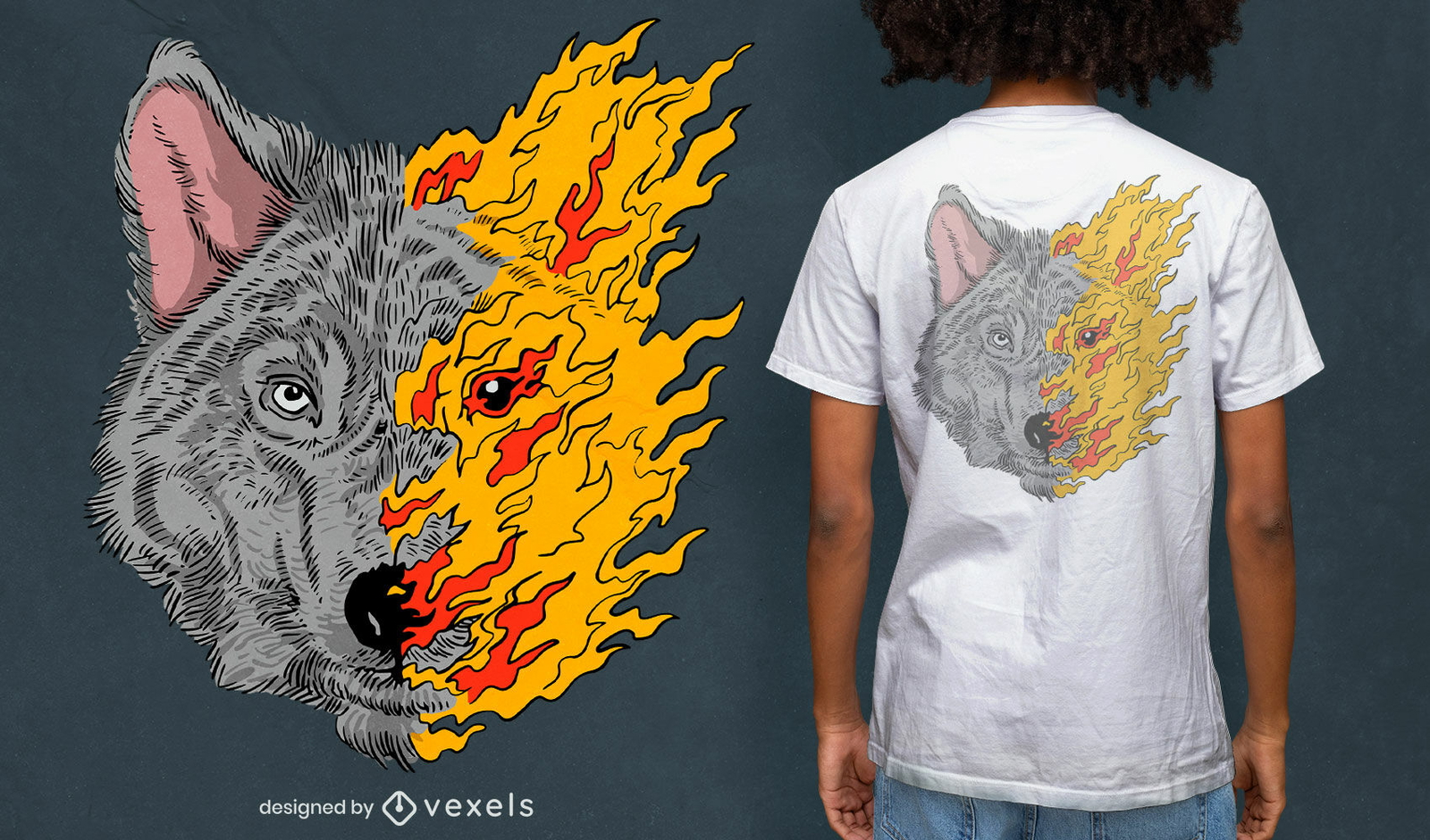 Diseño de camiseta de media cara de lobo en llamas