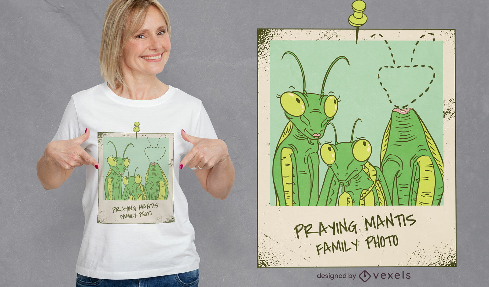 Diseño de camiseta con foto familiar de mantis religiosa