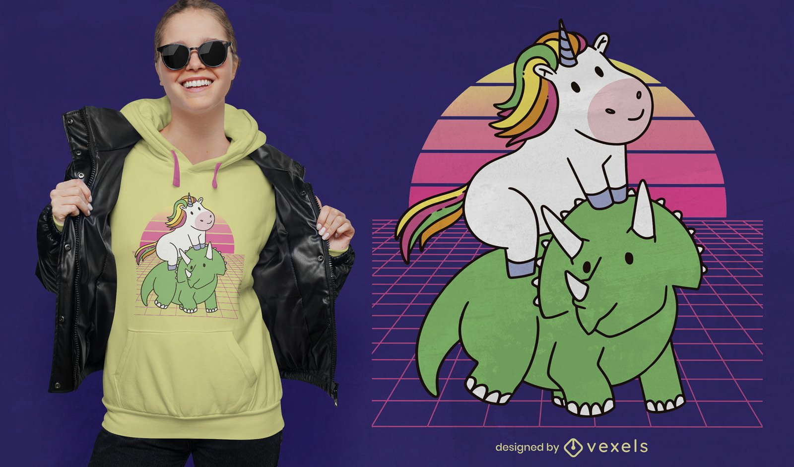 Unicórnio em design de camiseta retro-ondas de dinossauro