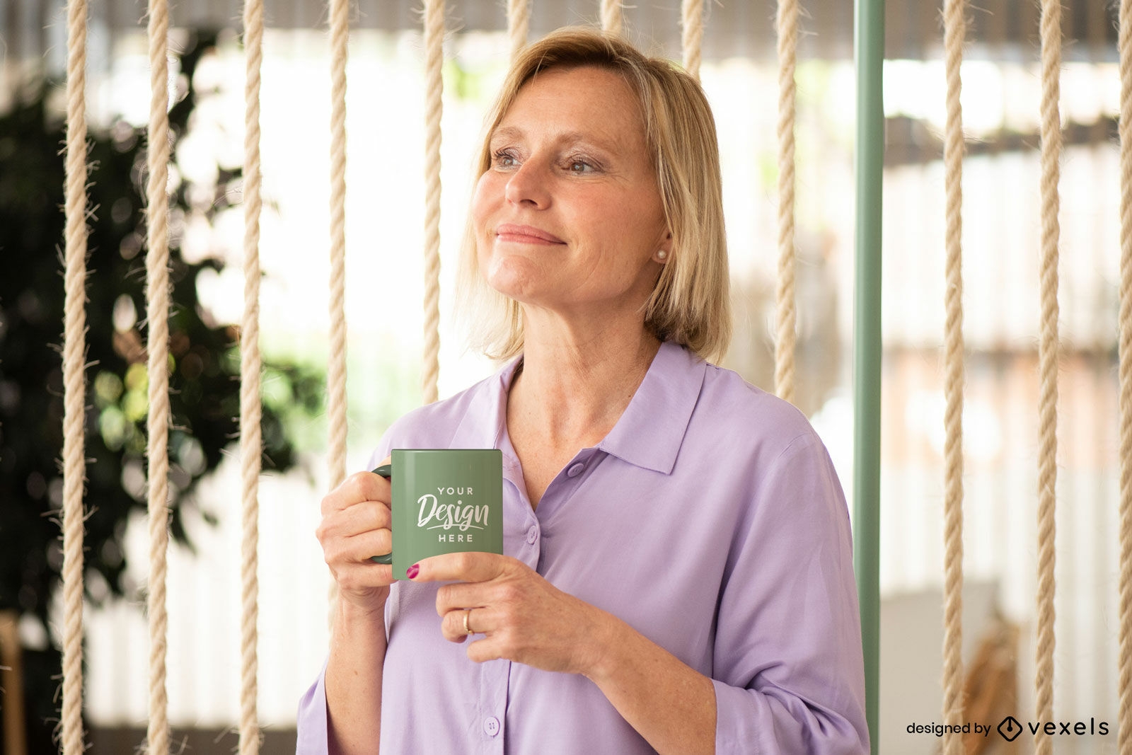 Woman with green mug mockup
