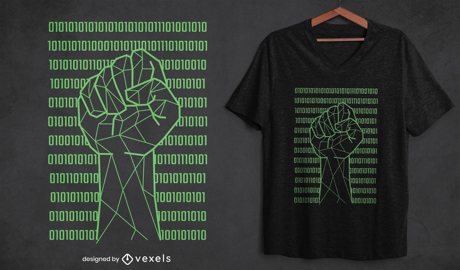 Puño sobre diseño de camiseta de código binario