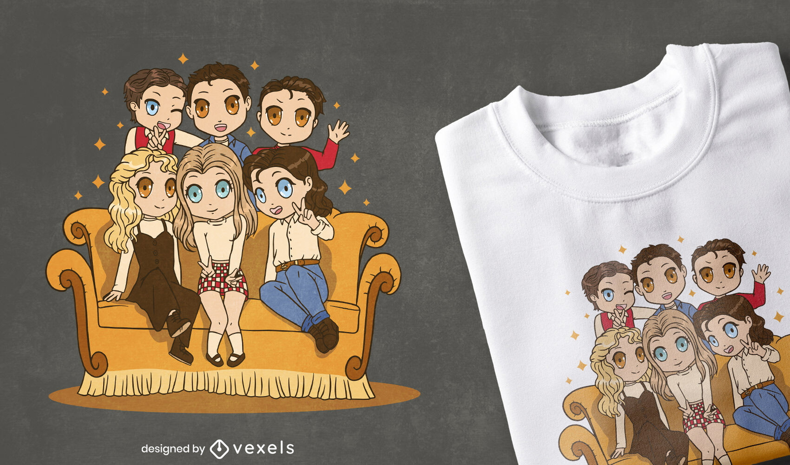 Diseño de camiseta de gente chibi en sofá