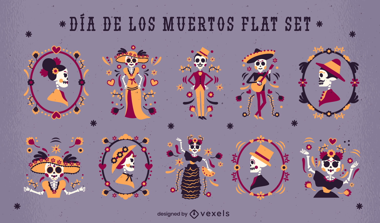 Conjunto de caracteres del esqueleto del día de los muertos.