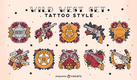 Conjunto de tatuagem de armas de cowboy e emblemas de xerife