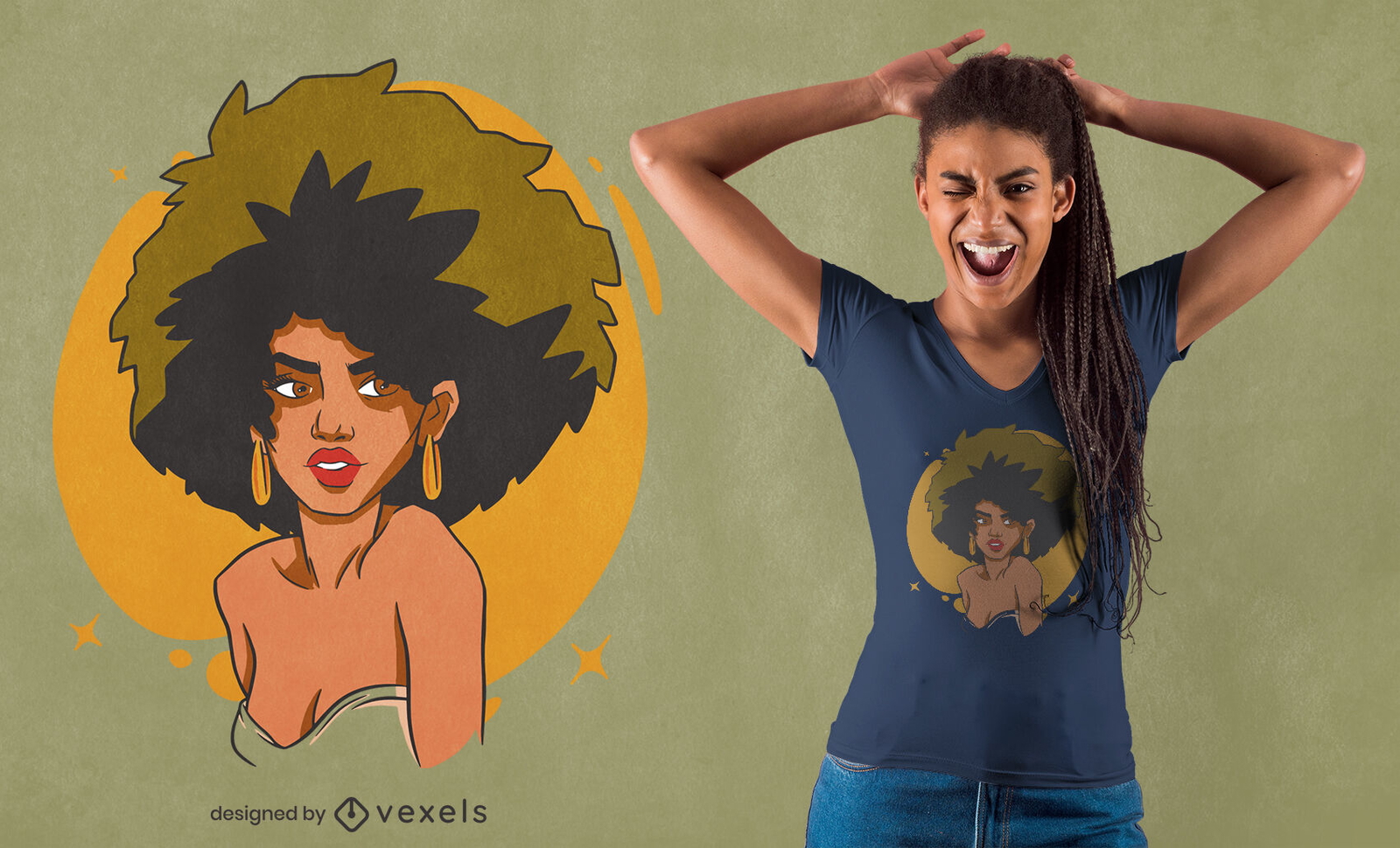 Mujer negra con diseño de camiseta afro.