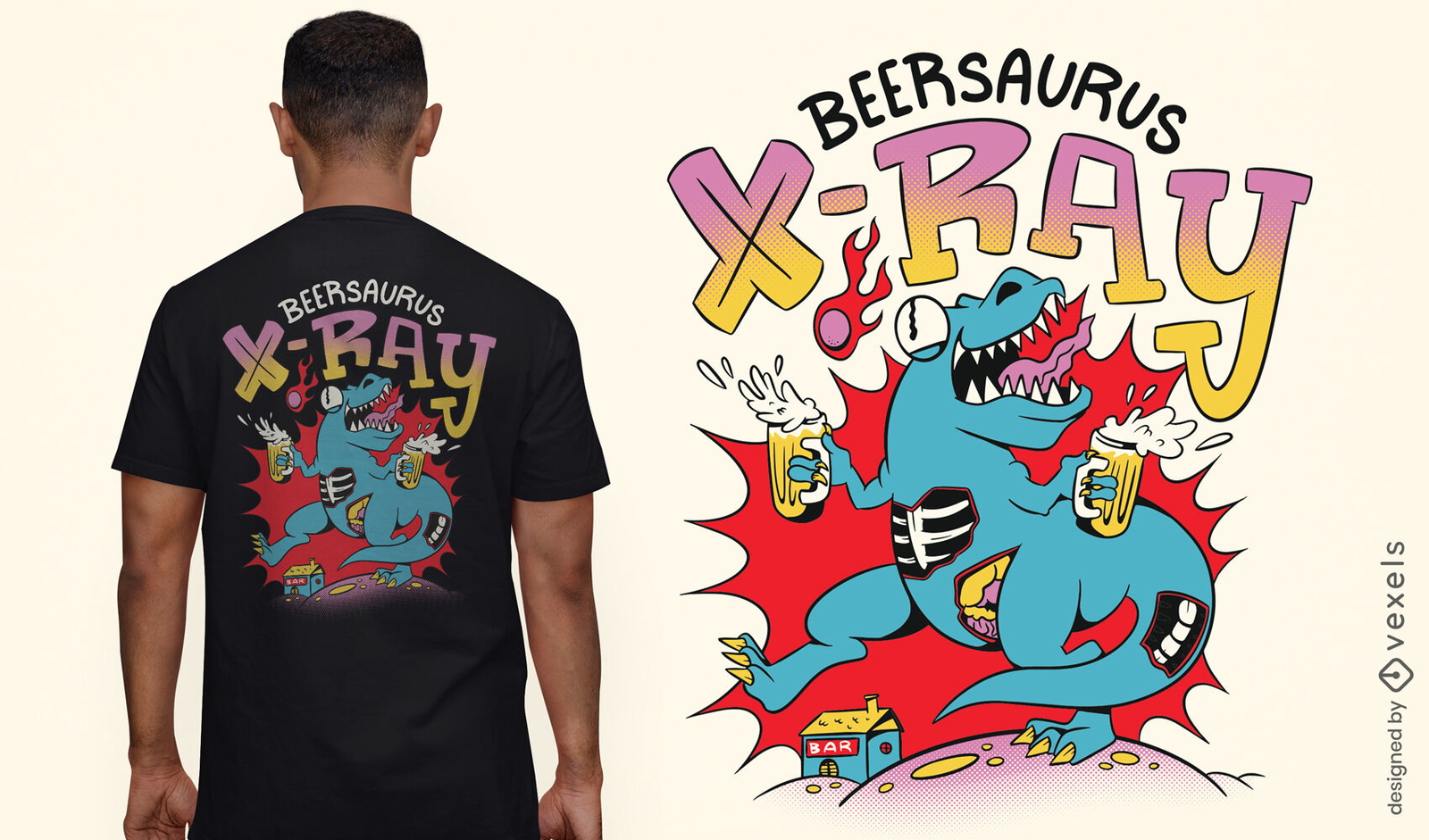 Dinosaurio con diseño de camiseta de cerveza y rayos x.