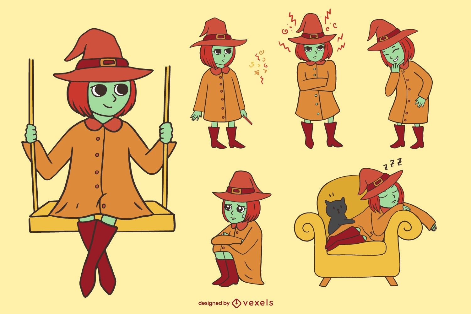 Conjunto de caracteres de niña bruja cabeza roja de dibujos animados