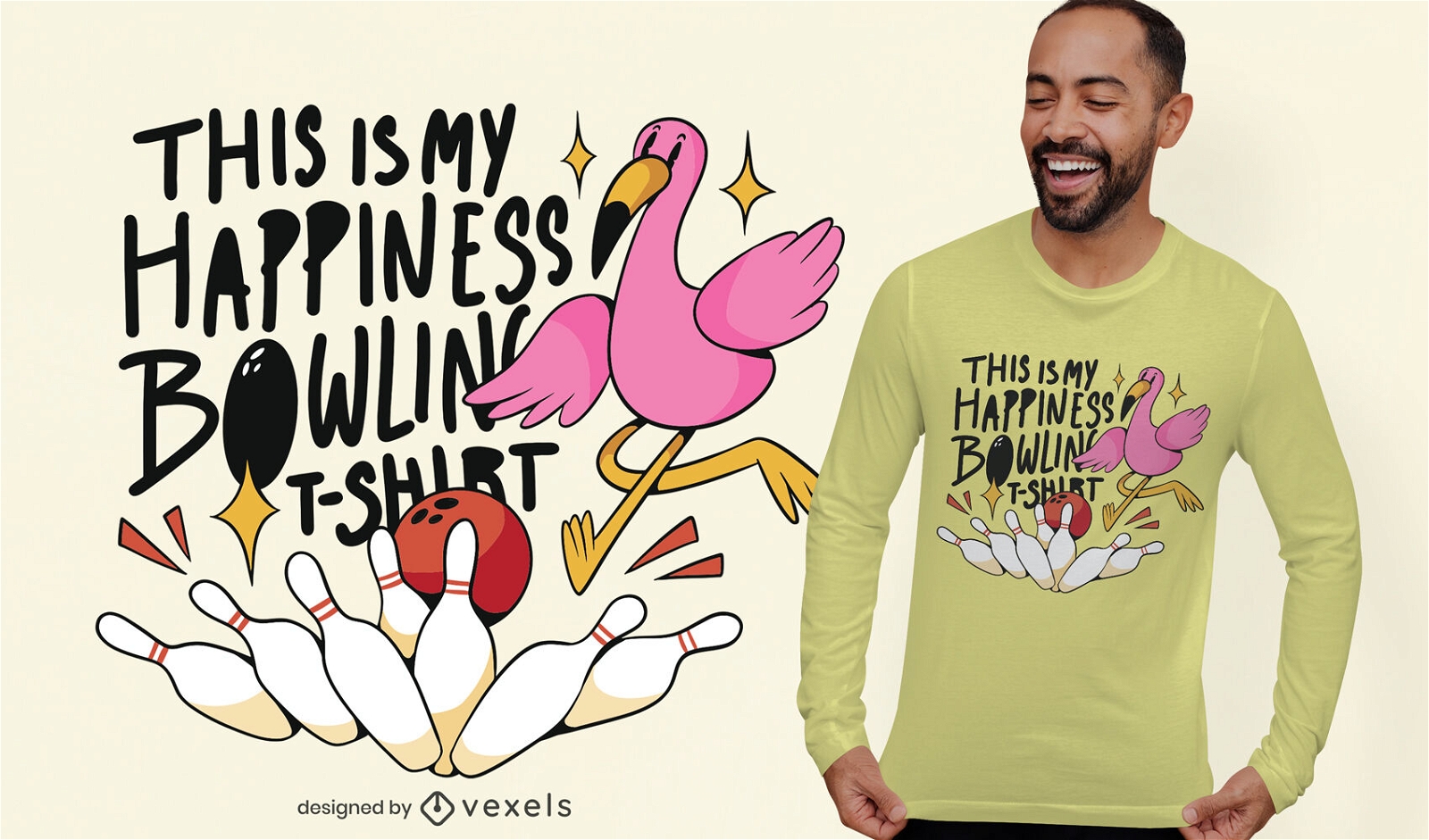 Pássaro flamingo jogando boliche com design de camiseta