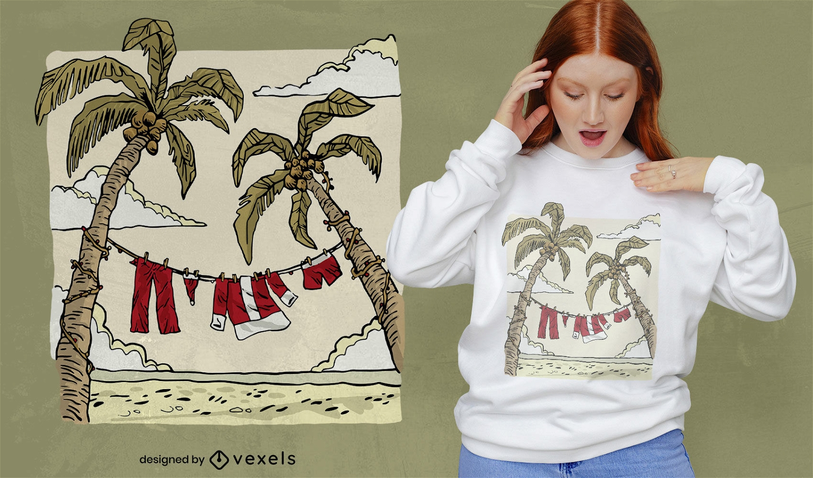 Design de t-shirt de roupas de Papai Noel na praia