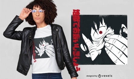 Design de camiseta com rosto de menina e anime de terror