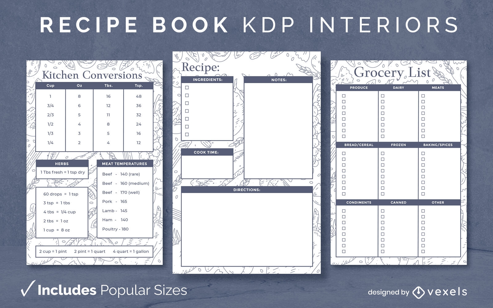 Plantilla de diseño de libro de recetas de ingredientes alimentarios KDP