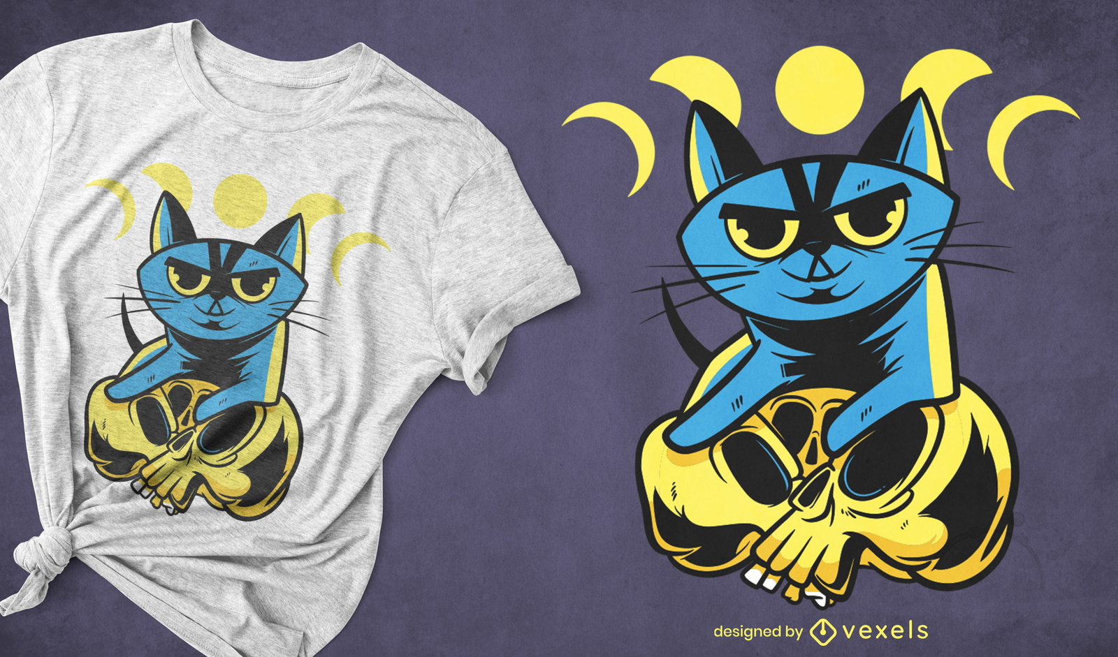 Gato com desenho de t-shirt de crânios e luas